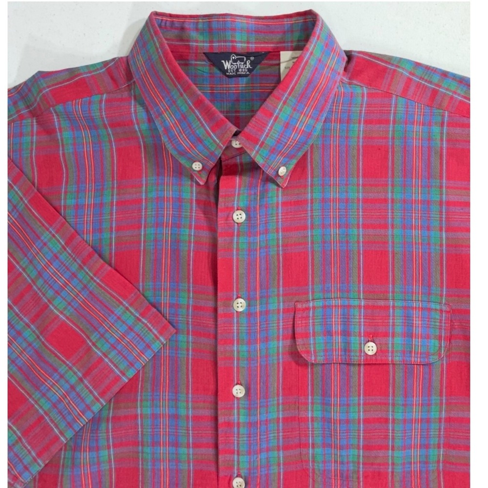 Woolrich Button Down Shirt XL Red Plaid Short Sleeve Cotton Outdoors Vintage 90s